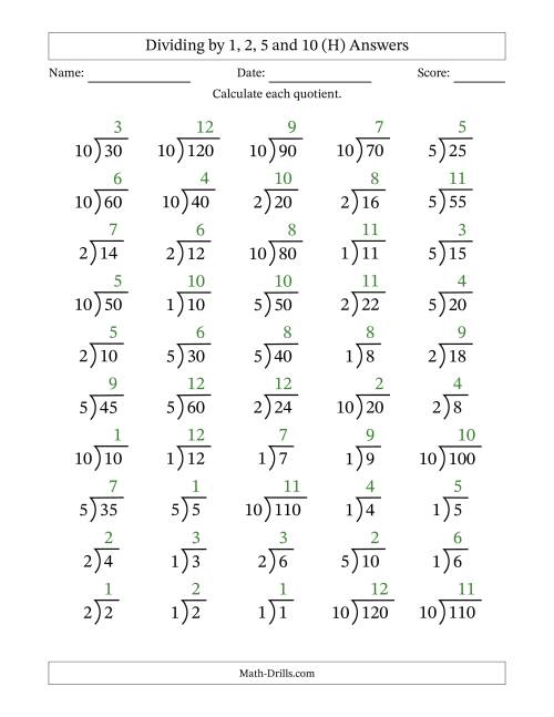 The Division Facts by a Fixed Divisor (1, 2, 5 and 10) and Quotients from 1 to 12 with Long Division Symbol/Bracket (50 questions) (H) Math Worksheet Page 2