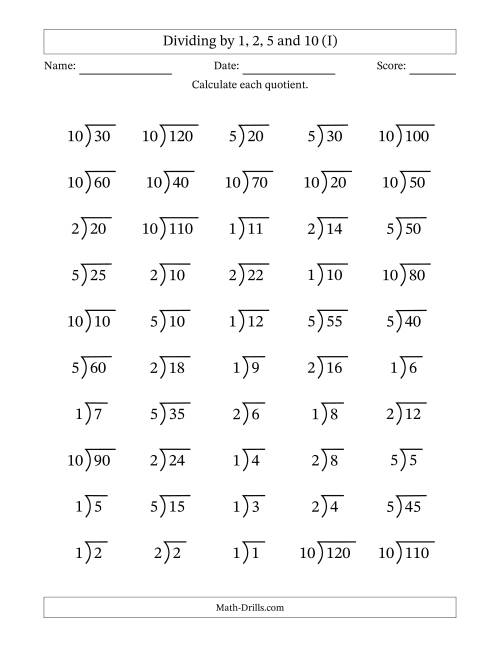 The Division Facts by a Fixed Divisor (1, 2, 5 and 10) and Quotients from 1 to 12 with Long Division Symbol/Bracket (50 questions) (I) Math Worksheet