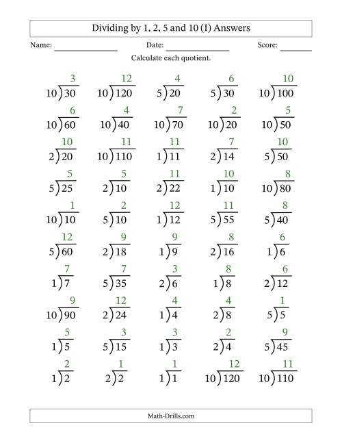 The Division Facts by a Fixed Divisor (1, 2, 5 and 10) and Quotients from 1 to 12 with Long Division Symbol/Bracket (50 questions) (I) Math Worksheet Page 2