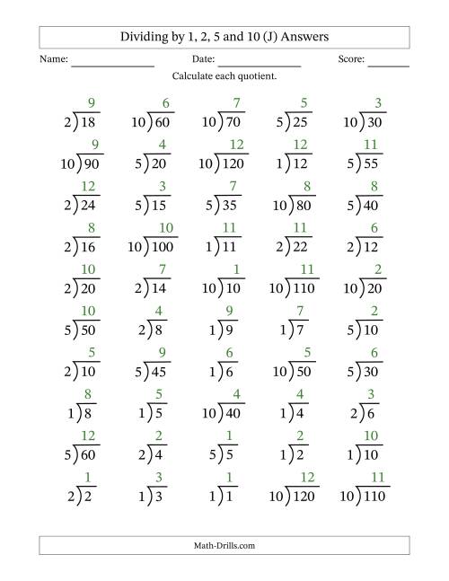 The Division Facts by a Fixed Divisor (1, 2, 5 and 10) and Quotients from 1 to 12 with Long Division Symbol/Bracket (50 questions) (J) Math Worksheet Page 2