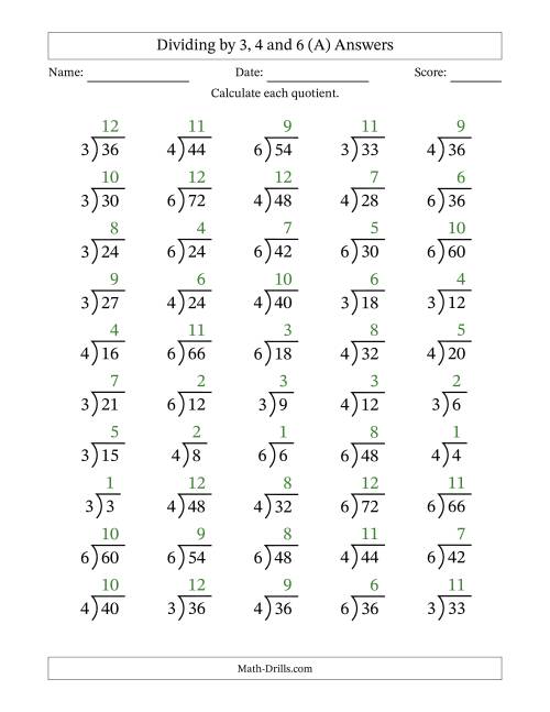 The Division Facts by a Fixed Divisor (3, 4 and 6) and Quotients from 1 to 12 with Long Division Symbol/Bracket (50 questions) (A) Math Worksheet Page 2