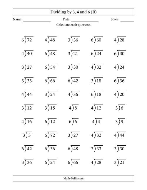 The Division Facts by a Fixed Divisor (3, 4 and 6) and Quotients from 1 to 12 with Long Division Symbol/Bracket (50 questions) (B) Math Worksheet