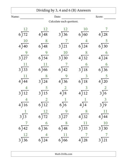 The Division Facts by a Fixed Divisor (3, 4 and 6) and Quotients from 1 to 12 with Long Division Symbol/Bracket (50 questions) (B) Math Worksheet Page 2