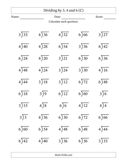 The Division Facts by a Fixed Divisor (3, 4 and 6) and Quotients from 1 to 12 with Long Division Symbol/Bracket (50 questions) (C) Math Worksheet