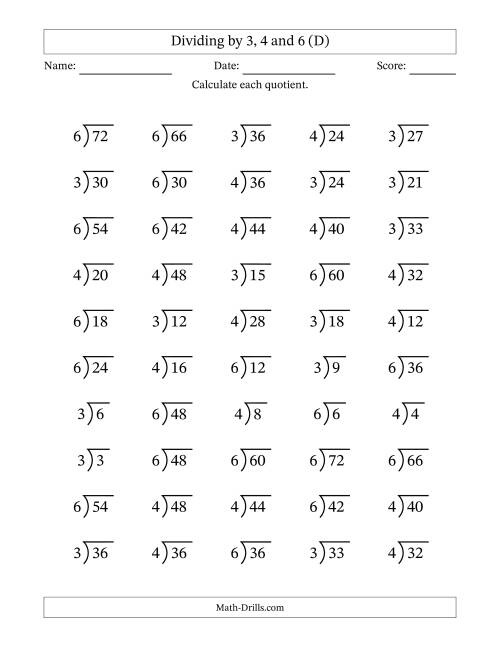 The Division Facts by a Fixed Divisor (3, 4 and 6) and Quotients from 1 to 12 with Long Division Symbol/Bracket (50 questions) (D) Math Worksheet