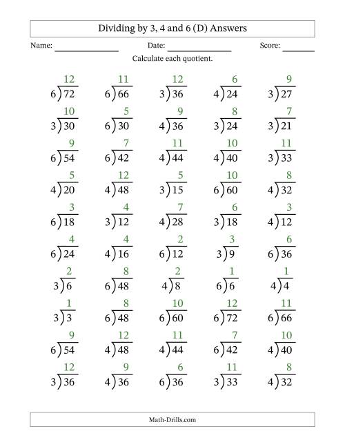 The Division Facts by a Fixed Divisor (3, 4 and 6) and Quotients from 1 to 12 with Long Division Symbol/Bracket (50 questions) (D) Math Worksheet Page 2