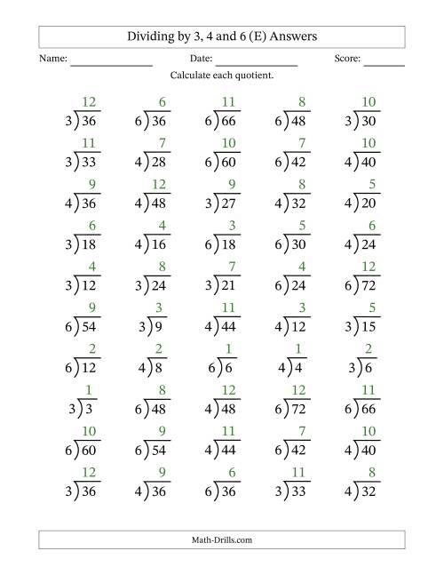 The Division Facts by a Fixed Divisor (3, 4 and 6) and Quotients from 1 to 12 with Long Division Symbol/Bracket (50 questions) (E) Math Worksheet Page 2