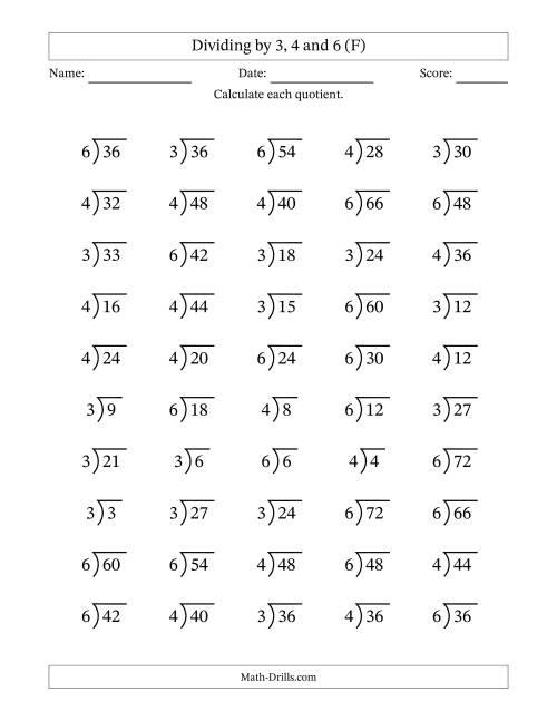 The Division Facts by a Fixed Divisor (3, 4 and 6) and Quotients from 1 to 12 with Long Division Symbol/Bracket (50 questions) (F) Math Worksheet