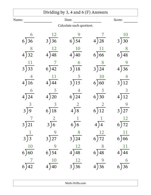 The Division Facts by a Fixed Divisor (3, 4 and 6) and Quotients from 1 to 12 with Long Division Symbol/Bracket (50 questions) (F) Math Worksheet Page 2