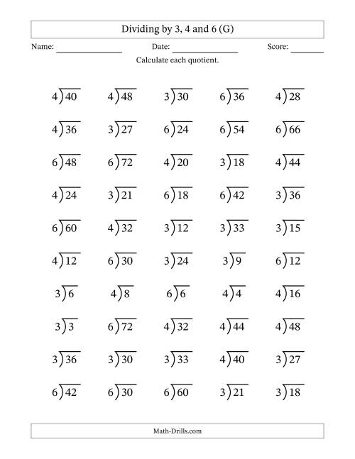 The Division Facts by a Fixed Divisor (3, 4 and 6) and Quotients from 1 to 12 with Long Division Symbol/Bracket (50 questions) (G) Math Worksheet