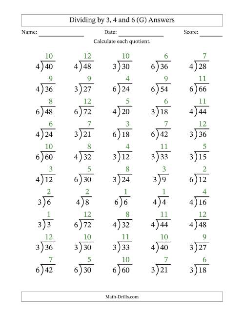 The Division Facts by a Fixed Divisor (3, 4 and 6) and Quotients from 1 to 12 with Long Division Symbol/Bracket (50 questions) (G) Math Worksheet Page 2