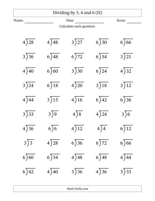 The Division Facts by a Fixed Divisor (3, 4 and 6) and Quotients from 1 to 12 with Long Division Symbol/Bracket (50 questions) (H) Math Worksheet