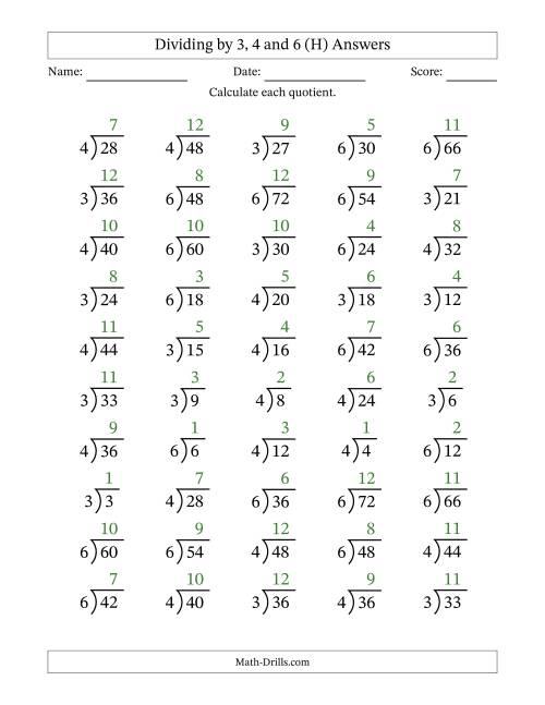 The Division Facts by a Fixed Divisor (3, 4 and 6) and Quotients from 1 to 12 with Long Division Symbol/Bracket (50 questions) (H) Math Worksheet Page 2