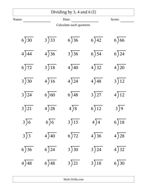 The Division Facts by a Fixed Divisor (3, 4 and 6) and Quotients from 1 to 12 with Long Division Symbol/Bracket (50 questions) (I) Math Worksheet