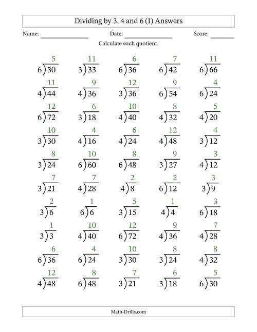 The Division Facts by a Fixed Divisor (3, 4 and 6) and Quotients from 1 to 12 with Long Division Symbol/Bracket (50 questions) (I) Math Worksheet Page 2