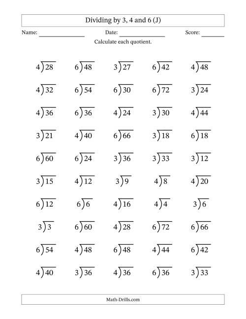 The Division Facts by a Fixed Divisor (3, 4 and 6) and Quotients from 1 to 12 with Long Division Symbol/Bracket (50 questions) (J) Math Worksheet