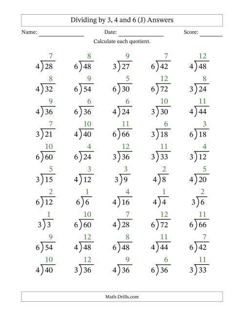 The Division Facts by a Fixed Divisor (3, 4 and 6) and Quotients from 1 to 12 with Long Division Symbol/Bracket (50 questions) (J) Math Worksheet Page 2