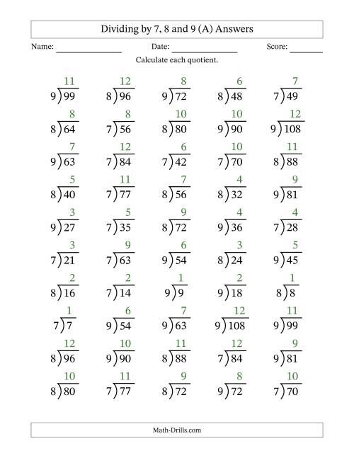 The Dividing by 7, 8 and 9 (Quotients 1 to 12) (A) Math Worksheet Page 2