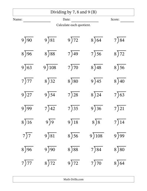 The Dividing by 7, 8 and 9 (Quotients 1 to 12) (B) Math Worksheet