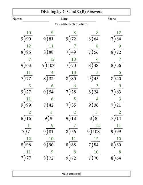 The Dividing by 7, 8 and 9 (Quotients 1 to 12) (B) Math Worksheet Page 2