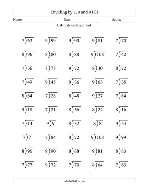The Division Facts by a Fixed Divisor (7, 8 and 9) and Quotients from 1 to 12 with Long Division Symbol/Bracket (50 questions) (C) Math Worksheet