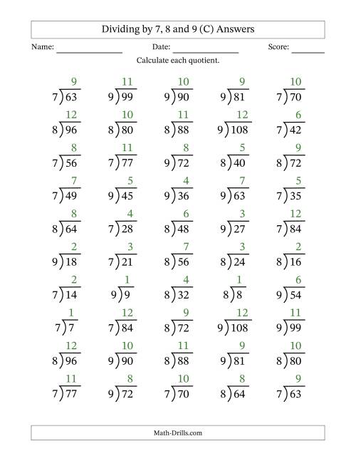 The Division Facts by a Fixed Divisor (7, 8 and 9) and Quotients from 1 to 12 with Long Division Symbol/Bracket (50 questions) (C) Math Worksheet Page 2