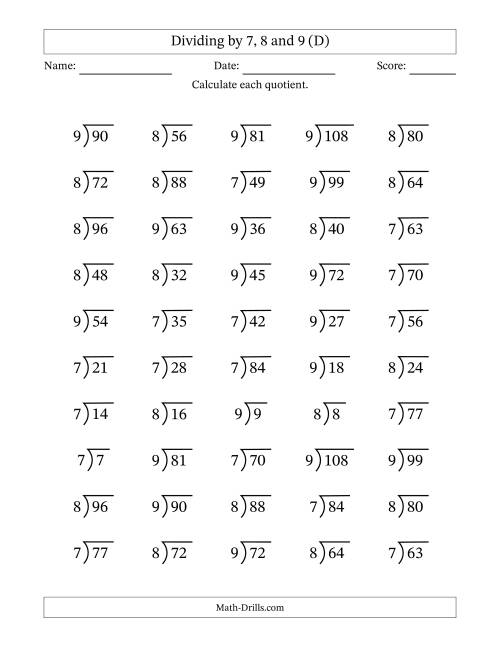 The Dividing by 7, 8 and 9 (Quotients 1 to 12) (D) Math Worksheet