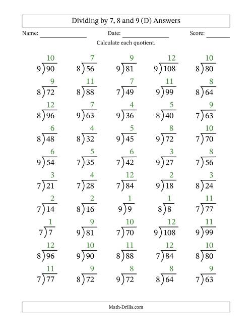 The Dividing by 7, 8 and 9 (Quotients 1 to 12) (D) Math Worksheet Page 2