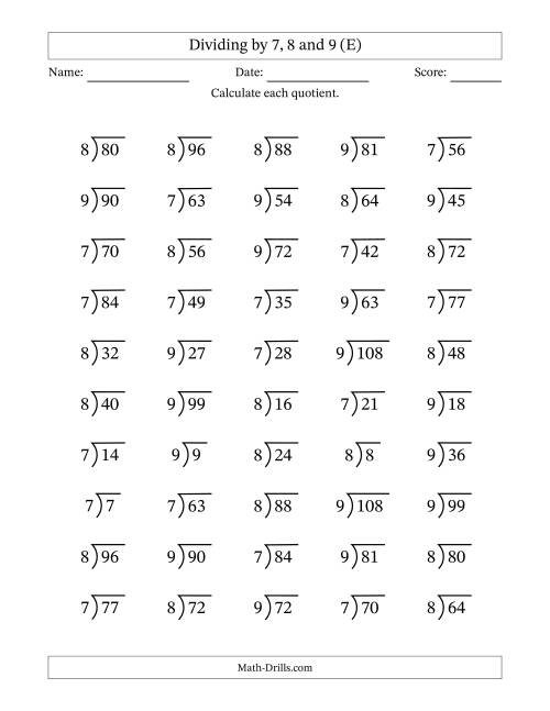 The Division Facts by a Fixed Divisor (7, 8 and 9) and Quotients from 1 to 12 with Long Division Symbol/Bracket (50 questions) (E) Math Worksheet