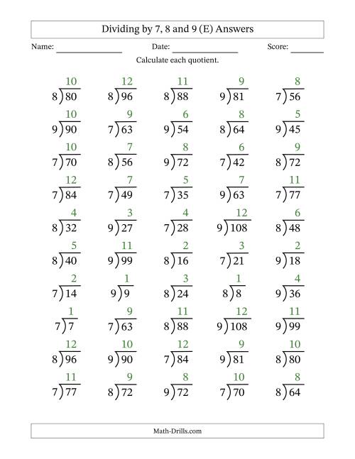 The Dividing by 7, 8 and 9 (Quotients 1 to 12) (E) Math Worksheet Page 2