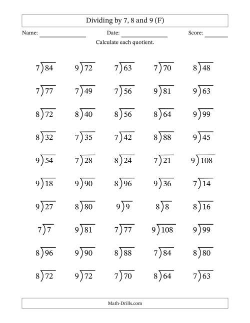 The Dividing by 7, 8 and 9 (Quotients 1 to 12) (F) Math Worksheet