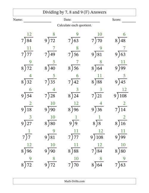 The Division Facts by a Fixed Divisor (7, 8 and 9) and Quotients from 1 to 12 with Long Division Symbol/Bracket (50 questions) (F) Math Worksheet Page 2