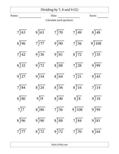 The Dividing by 7, 8 and 9 (Quotients 1 to 12) (G) Math Worksheet