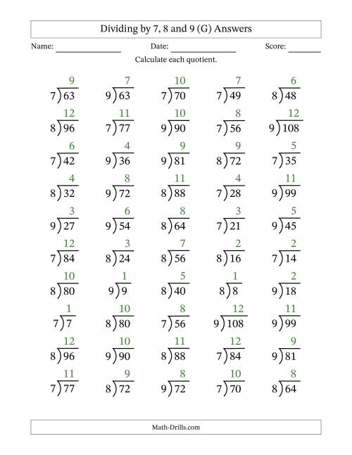 The Division Facts by a Fixed Divisor (7, 8 and 9) and Quotients from 1 to 12 with Long Division Symbol/Bracket (50 questions) (G) Math Worksheet Page 2