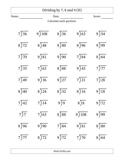 The Dividing by 7, 8 and 9 (Quotients 1 to 12) (H) Math Worksheet