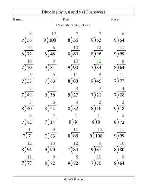 The Division Facts by a Fixed Divisor (7, 8 and 9) and Quotients from 1 to 12 with Long Division Symbol/Bracket (50 questions) (H) Math Worksheet Page 2