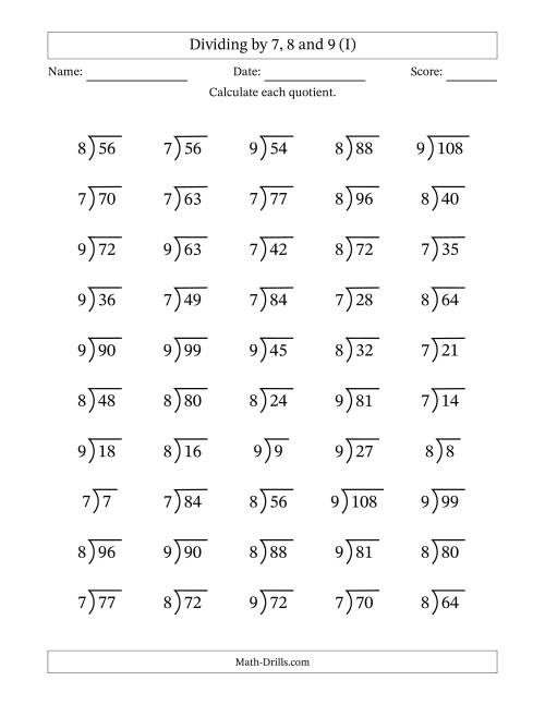 The Dividing by 7, 8 and 9 (Quotients 1 to 12) (I) Math Worksheet
