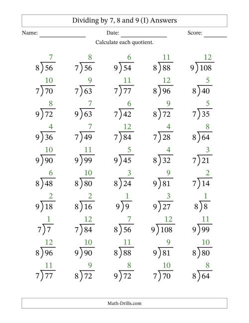 The Dividing by 7, 8 and 9 (Quotients 1 to 12) (I) Math Worksheet Page 2