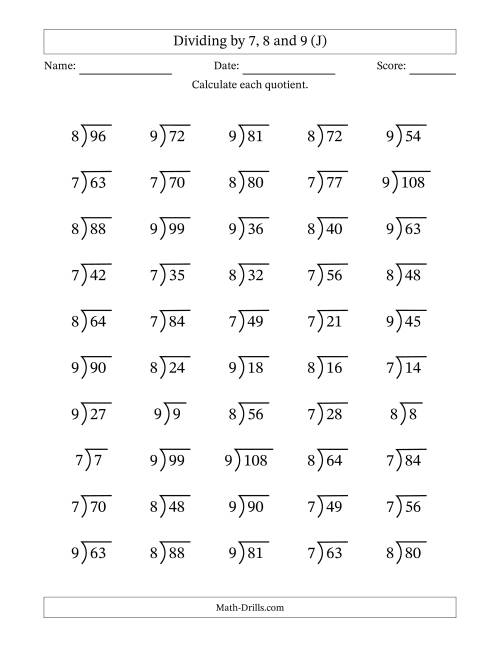 The Dividing by 7, 8 and 9 (Quotients 1 to 12) (J) Math Worksheet