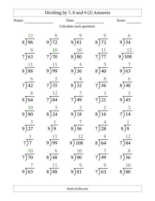 The Division Facts by a Fixed Divisor (7, 8 and 9) and Quotients from 1 to 12 with Long Division Symbol/Bracket (50 questions) (J) Math Worksheet Page 2