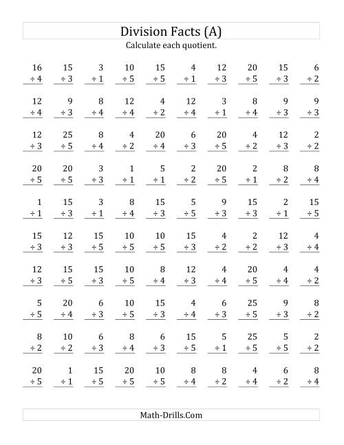 The Vertically arranged division facts to 25 (A) Math Worksheet