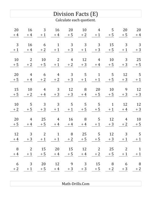 The Vertically arranged division facts to 25 (E) Math Worksheet