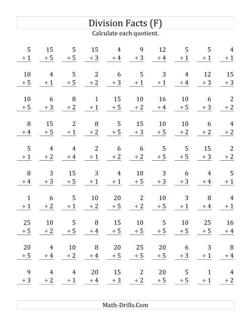 The Vertically arranged division facts to 25 (F) Math Worksheet