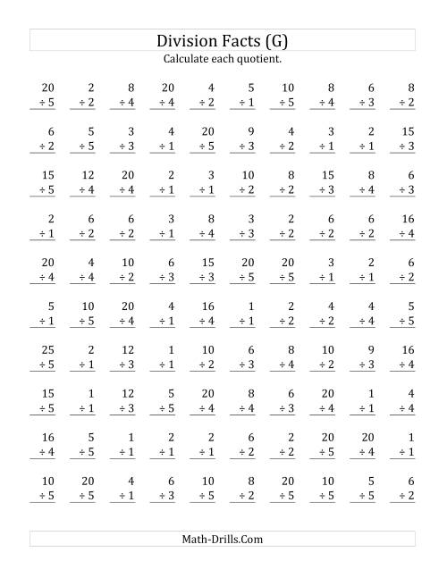 The Vertically arranged division facts to 25 (G) Math Worksheet