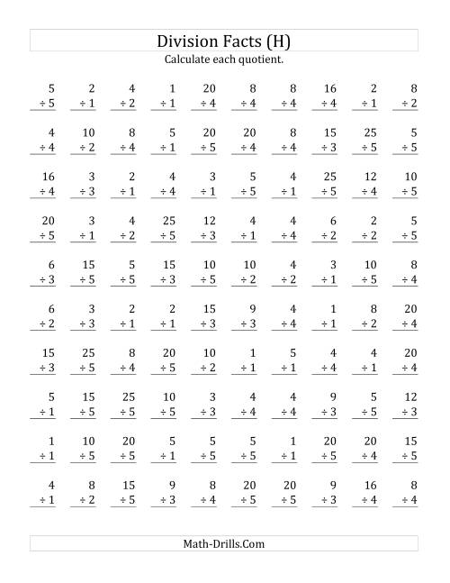 The Vertically arranged division facts to 25 (H) Math Worksheet