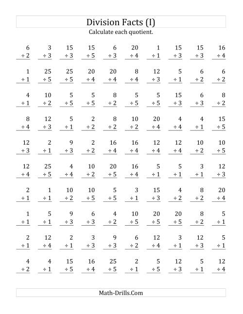 The Vertically arranged division facts to 25 (I) Math Worksheet