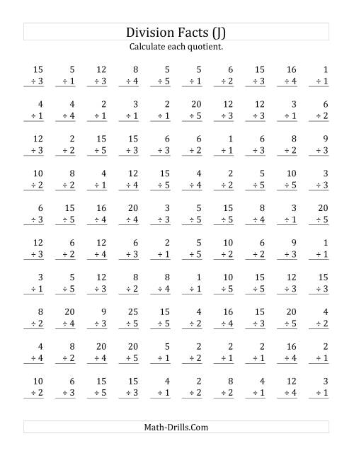 The Vertically arranged division facts to 25 (J) Math Worksheet
