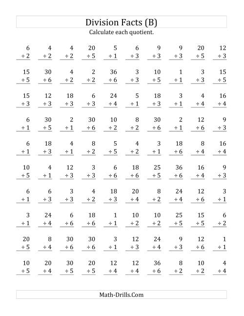 The Vertically arranged division facts to 36 (B) Math Worksheet