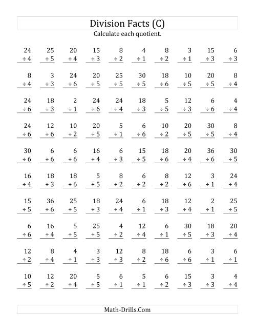 The Vertically arranged division facts to 36 (C) Math Worksheet
