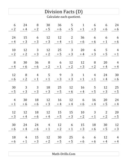 The Vertically arranged division facts to 36 (D) Math Worksheet